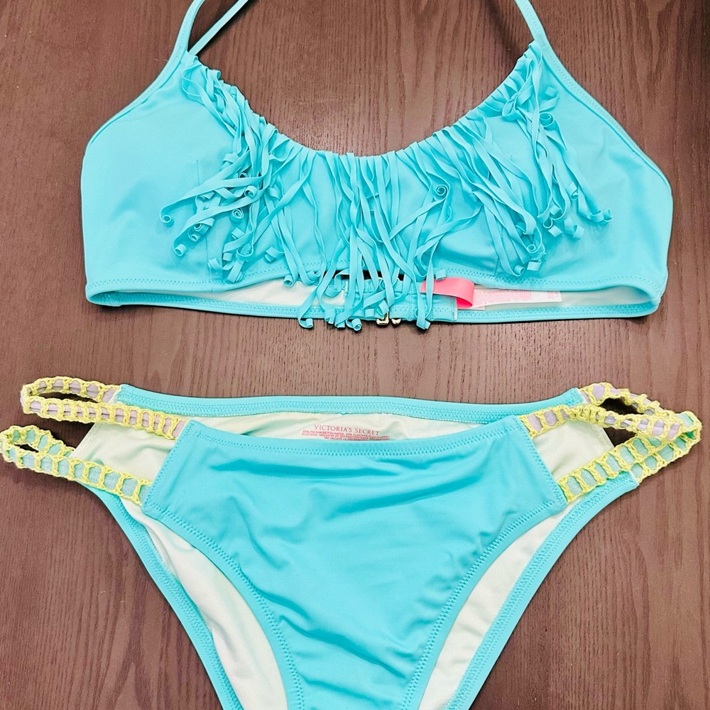 Victoria's Secret Aqua Fringe Bikini - Size Large